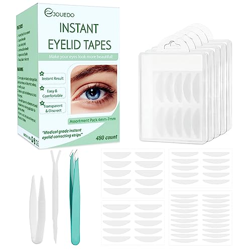 Jouedo Eyelid Tape, 480 Count Invisible Eyelid Lifter Strips, Premium Quality Double Eyelid Tape, Eyelid Correcting Strips for Hooded Eyes, Droopy Lids, Instant Eyelid Lift with Fork Rods & Tweezers