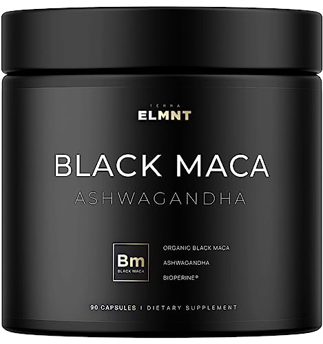 ELMNT 40,000mg 40x Strength Organic Black Maca Root with Ashwagandha - Highest Potency Black Maca Root Capsules for Men - 100% Pure Maca Peruana Powder Organic, Gelatinized, Non-GMO - 60 Pills