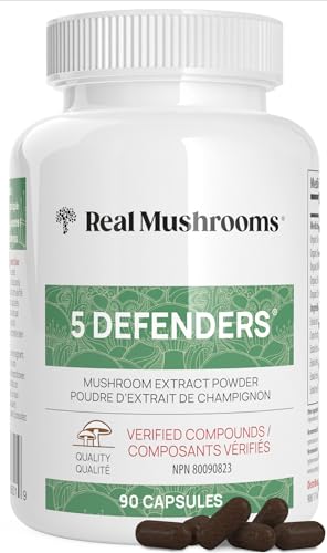 Real Mushrooms 5 Defenders Capsules - Organic Mushroom Extract w/Chaga, Shiitake, Maitake, Turkey Tail, & Reishi - Mushroom Supplement for Brain, Focus, & Immune Support - Vegan, Non-GMO, 90 Caps