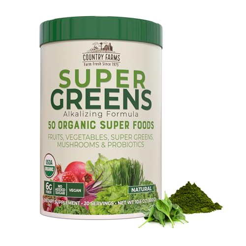 Country Farms Super Greens Natural Flavor, 50 Organic Super Foods, USDA Organic Drink Mix, Mushrooms & Probiotics, Supports Energy, 20 Servings, 10.6 Oz