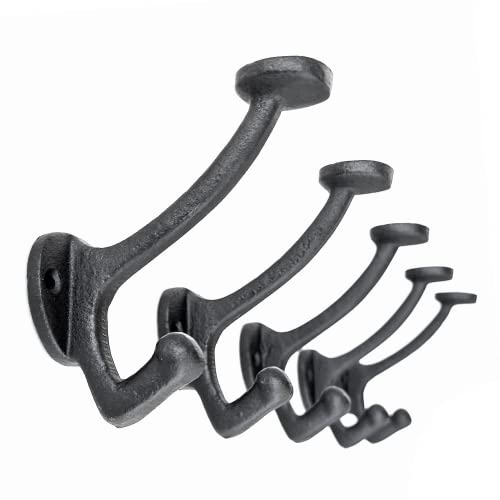 Ambipolar 5-Pack Vintage Decorative Cast Iron Wall Mounted Coat Hooks, Heavy Duty Black Hooks for Coats, Hats, Purse, Towels, Modern Farmhouse Decorative Hooks Black