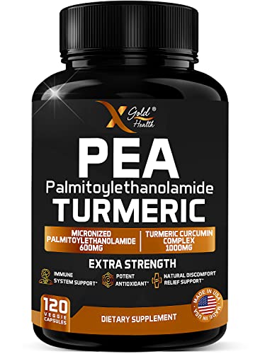 Palmitoylethanolamide 600mg + Turmeric Curcumin Complex 1000mg: Micronized Pea 99% Highly Purified and Bioavailable - Made in USA - Supplement for Men and Women - 120 Veggie Capsules