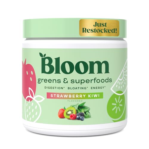 Bloom Nutrition Greens and Superfoods Powder for Digestive Health, Greens Powder, Digestive Enzymes, Probiotics, Spirulina, Chlorella for Bloating & Gut Support, Green Juice, 30 SVG, Strawberry Kiwi