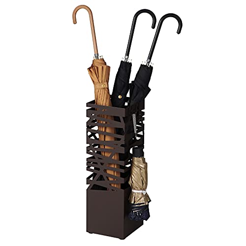 SONGMICS Umbrella Stand, Umbrella Holder for Entryway, Steel Square Umbrella Rack Organizer Freestanding, for Canes Walking Sticks, with a Detachable Drip Tray, 4 Hooks, Brown ULUC47Z