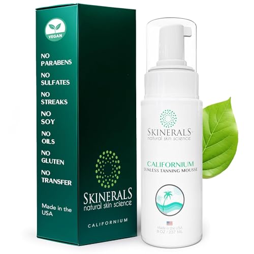 Skinerals Self Tanner Sunless Tanner Bronzer Mousse with Natural and Organic Ingredients for an amazing Fake Tan for Body and Face (8 Oz) (Californium)