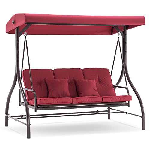MCombo 3-Seat Outdoor Patio Swing Chair, Adjustable Backrest and Canopy, Porch Swing Glider Chair, w/Cushions and Pillows, 4068 (Burgundy)