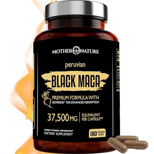 Organic Black Maca Root Extract Highest Potency 50:1, 37,500mg, 6 Month Supply, Boost Stamina, Performance, Energy, Muscle Gain & Workout, Peruvian Maca Pills w/Bioperine & Non-GMO