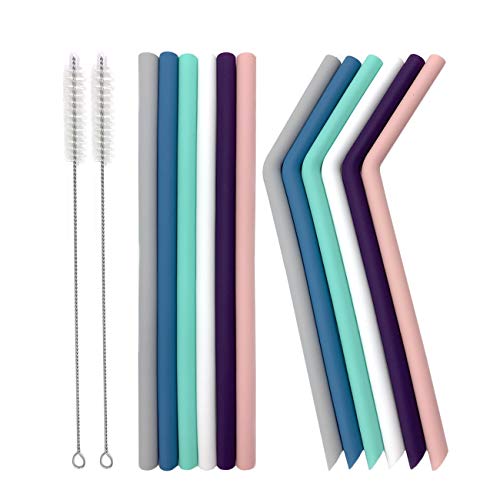 Senneny Set of 12 Silicone Drinking Straws for 30oz and 20oz - Reusable Silicone Straws BPA Free Extra Long with Cleaning Brushes- 6 Straight + 6 Bent- 8mm diameter