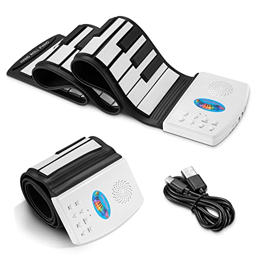 POGOLAB 49 Key Roll Up Keyboard Piano, Portable Digital Electric Foldable Piano Keyboard, Rechargeable, 47 Tones, 14 Educational Demo Songs, for Beginners Adults Gift (Black & White Key)