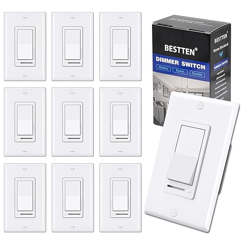 BESTTEN 10 Pack Dimmer Light Switch, Single-Pole or 3-Way Dimmer Switches, 120V, Compatible with Dimmable LED, CFL, Incandescent and Halogen Bulbs, Decorator Wallplate Included, UL Listed, White