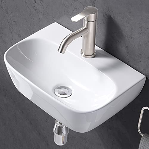 Friho Small Bathroom Sink, Wall Mount Sink, White Wall Mounted Bathroom Vessel Sink, Mini Modern Lavatory Porcelain Ceramic Washing Bathroom Vanity Sink