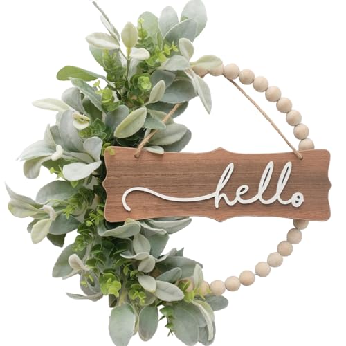 Winters Wreath for Front Door, Wood Bead Wreaths with Artificial Lambs Ears Leaves, Hello and Welcome Door Sign Wreath for Home Decor, Spring Summer Green Leaf Wreath for Wedding Decor