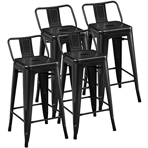 Yaheetech 26 inch Metal Bar Stools Set of 4 Counter Height Barstools with Low Back Indoor Outdoor Kitchen Stools Modern Industrial Bar Chairs Matte Black