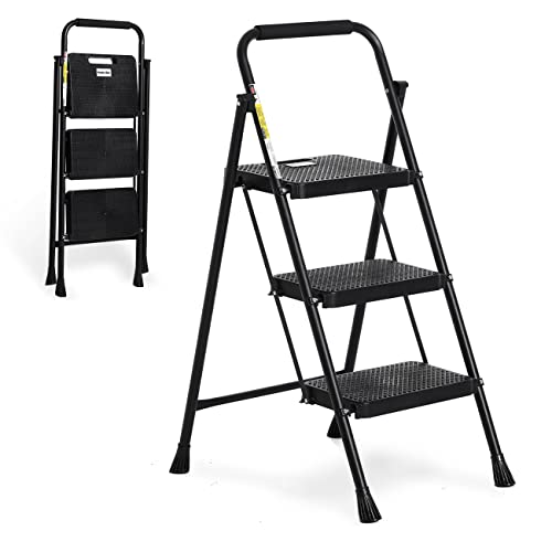 Step Ladder 3 Step Folding with Handgrip, 500Lbs Steel Step Stool, Folding Ladder with Anti-Slip Wide Pedals, Portable Kitchen/Closet Small Step Ladder, Multi-use Step Stool Black by Double Elite