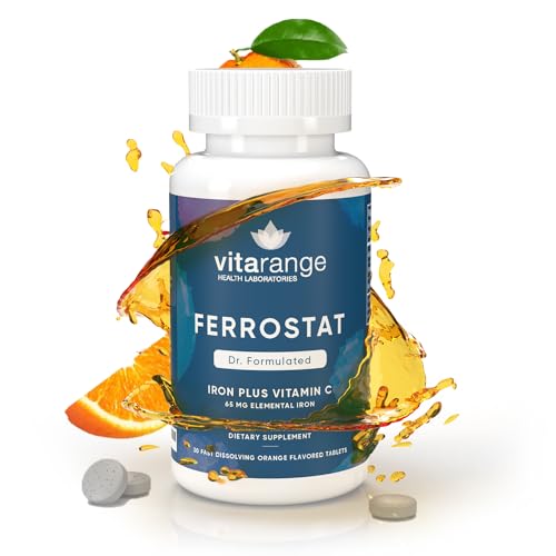 Ferrostat 65mg Chewable Iron Supplement with Vitamin C for Bariatric Patients –30-Day Supply of Bariatric Multivitamin with Iron – Non-Constipating Gentle Vegan Iron Supplements - Orange