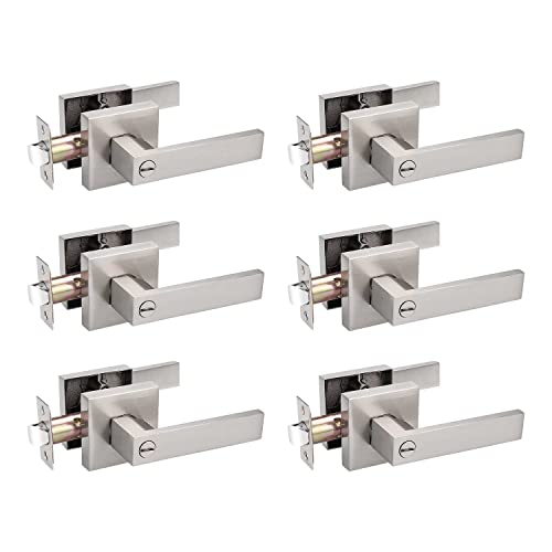 Probrico 6 Pack Square Door Lever Privacy Door Lock Handleset Keyless Lockset Door Knobs Storage Room Bathroom Set No Key in Satin Nickel