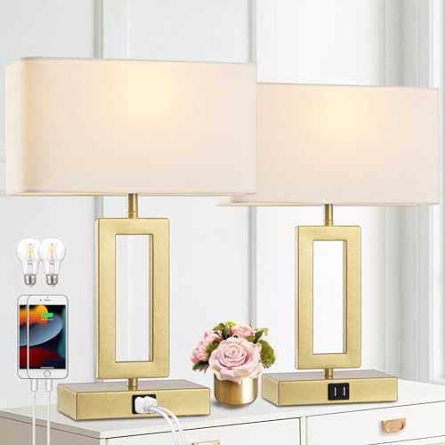 gernehop Gold Table Lamps Set of 2 with Dual USB Ports,3-Way Dimmable Touch Control Bedside Lamps,Modern Bedroom Table Lamp for Living Room,Nightstand LED Bulbs Included