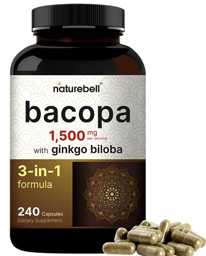 NatureBell Bacopa Monnieri Capsules with Ginkgo Biloba, 1,500mg Per Serving, 240 Pills | Whole Plant Source – 50% Active Bacosides – Nootropic Supplements for Positive Mood & Memory – Non-GMO