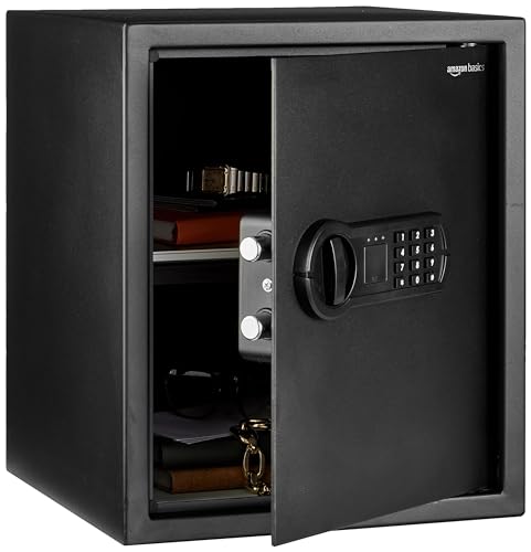 Amazon Basics Steel Home Security Safe with Programmable Electronic Keypad Lock, Secure Documents, Jewelry, Valuables, 1.52 Cubic Feet, Black, 13.8