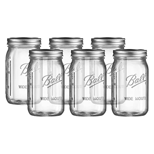 Ball WIDE MOUTH Quart (32 oz.) Glass Food Preserving Pickling Canning Mason Jar with Lid and Band, Clear, 6-Count
