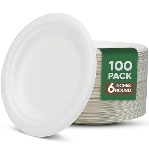 TaidMiao Dessert Plates, 100 Pack Small Paper Plates, Paper Plates 6 Inch – 100% Compostable Plates, Water & Oil Proof Disposable Plates, Microwavable Perfect Paper Plate For Party - White