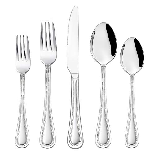 60-Piece Silverware Set, HaWare Stainless Steel Flatware Service for 12, Pearled Edge Tableware Cutlery Include Knife/Fork/Spoon, Beading Eating Utensil for Home, Mirror Polished, Dishwasher Safe