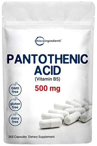 Micro Ingredients Pantothenic Acid Vitamin B5 Supplement, Vitamin B5 500mg Per Count, 365 Capsules (1 Year Supply), B-Complex Vitamin, Support Energy Production and Nervous System, Non-GMO