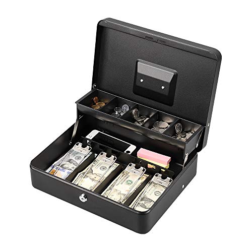 LIANTRAL Cash Box, Large Size Money Box with Lock and 5 Compartment Tray, 4 Spring-Loaded Clips for Bill(11.8