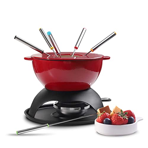 Artestia 11-Piece Cast Iron Fondue Set with Adjustable Burner 6 Colored Forks, 5-Cup Red Cheese Fondue Pot, Perfect for Chocolate, Caramel, Meat, 4-6 Person