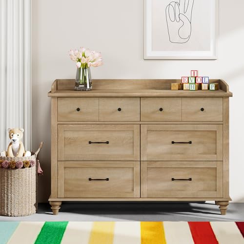 WAMPAT Dresser for Bedroom with 6 Drawers, Oak Baby Dressers with Wide Chest of Drawers, Modern Kids Closet Storage Organizer, Wood Dressers for Living Room, Nursery, Hallway