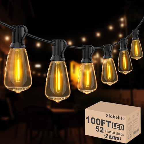 GLOBELIT Outdoor String Lights LED - 100Ft Waterproof Patio String Lights with ST38 Dimmable LED Bulbs,Vintage Shatterproof Edison Light String Lights for Bistro Cafe Backyard Gazebos Party