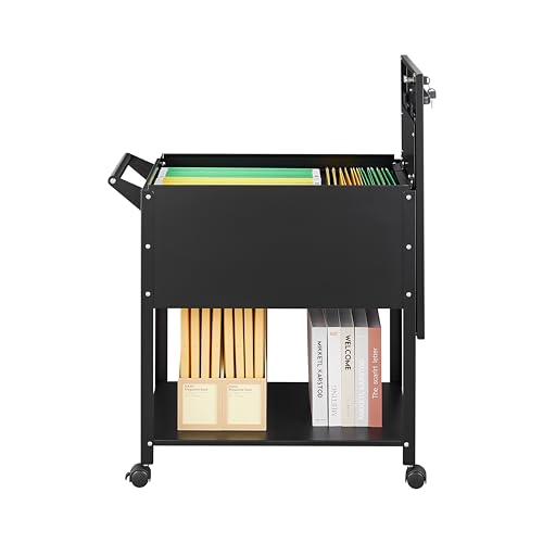 ZAOUS Mobile File Cabinet, 2 Tier File Cart with Wheels Hanging Files, Metal Rolling Cart with Lock and Sliding Cover for Office, Mailrooms, Cubicles, Classrooms, Libraries, Black