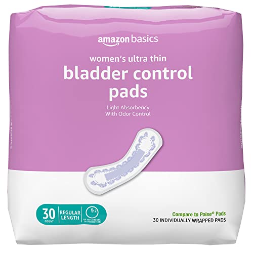 Amazon Basics Ultra Thin Incontinence, Bladder Control & Postpartum Pads for Women, Regular Length, Light Absorbency, Unscented, 30 count, 1 Pack, White (Previously Solimo)