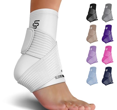 Sleeve Stars Ankle Brace for Women & Men, Achilles & Plantar Fasciitis Relief Compression Sleeve, Foot Brace with Ankle Support Strap, Heel Protector Wrap for Pain (Single/White)