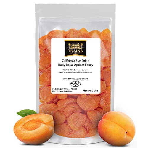 Traina Home Grown California Sun Dried Fancy Ruby Royal Apricot Halves - SEASONAL/LIMITED - Healthy, No Sugar Added, Non GMO, Gluten Free, Kosher Certified, Vegan, Packed in Resealable Pouch (2 lbs)