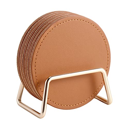 CASEGRACE Drink Coasters with Metal Holder Stand Set of 6, PU Leather Absorbent Coasters with Cork Base Table Coaster Set Decorative Coffee Cup Coasters Housewarming Gift for Home Decor