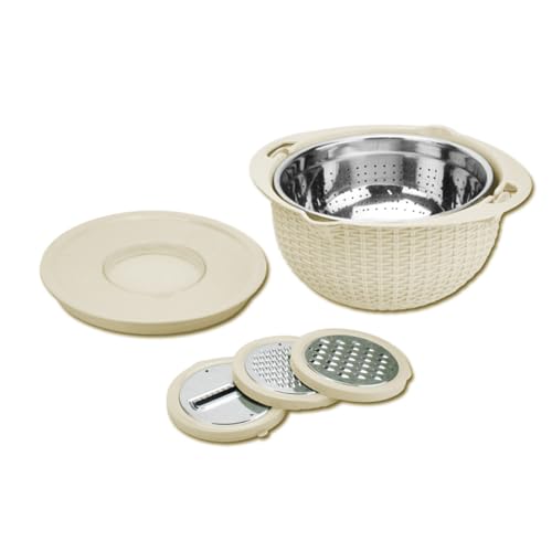 JOSUCLEN 4 in 1 Colander with Mixing Bowl Set, Stainless Steel Colander with Handle, Colanders & Food Strainers for Kitchen, Pasta Strainer, Fruit Cleaner, Veggie Wash, Rice Colander（Beige）