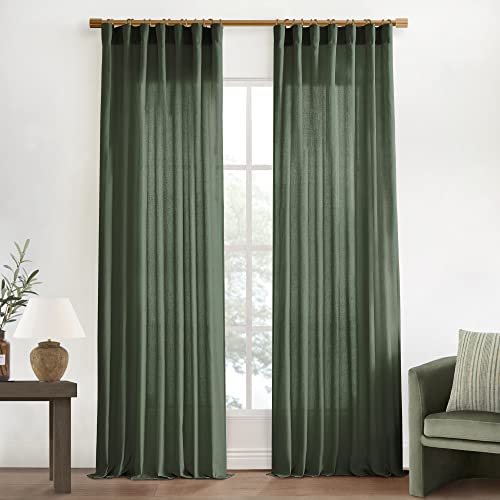 Olive Green Linen Boho Curtains for Living Room 2 Panels Set 84 Inch Length,Back Tab Hooks Long Window Treatments Curtain Drapes,Light Filtering Semi Sheer for Bedroom Aesthetic Neutral Decor