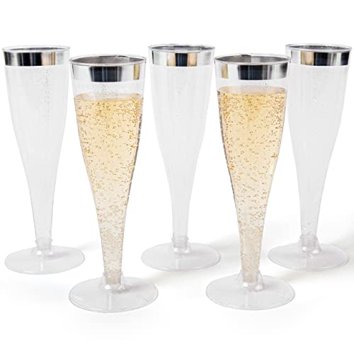 Prestee 24 Plastic Champagne Flutes Disposable, Silver Glitter Plastic Champagne Glasses for Parties, Plastic Cups, Plastic Toasting Glasses, Wedding Cocktail Cups, New Years Eve Party Supplies 2024