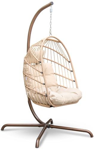 RADIATA Foldable Wicker Rattan Hanging Egg Chair with Stand, Swing Chair with Cushion and Pillow, Lounging Chair for Indoor Outdoor Bedroom Patio Garden (Beige with Stand)