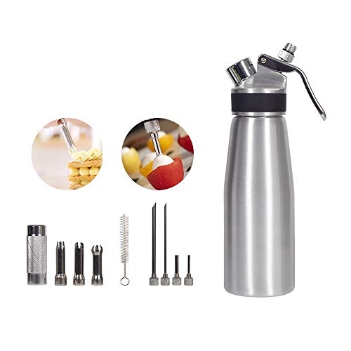 Whipped Cream Dispenser 500ml - Professional Culinary Cream Whipper with 3 STAINLESS STEEL DECORATING TIPS PLUS 4 INJECTOR TIPS, Lightweight, Durable Aluminum Body(8g N2O cartridges sold separately)