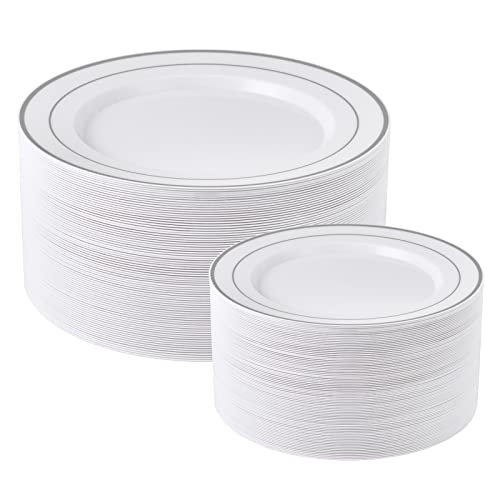 FOCUSLINE Silver Plastic Plates Set of 60, Disposable Plastic Plates with Silver Rim 30 Dinner Plates 10