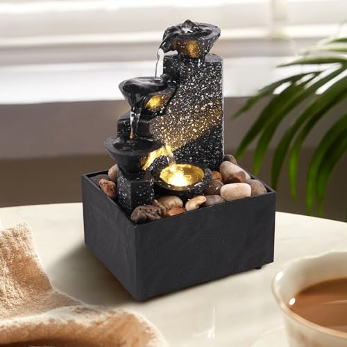 Indoor 4-Tier Cascading Bowl Fountain, Relaxation Meditation Tabletop Fountain Rock Waterfall, Tabletop Waterfall with Soft LED, Fountain Landscape Artistic Desk Fountains Flowing Water Ornaments (A)