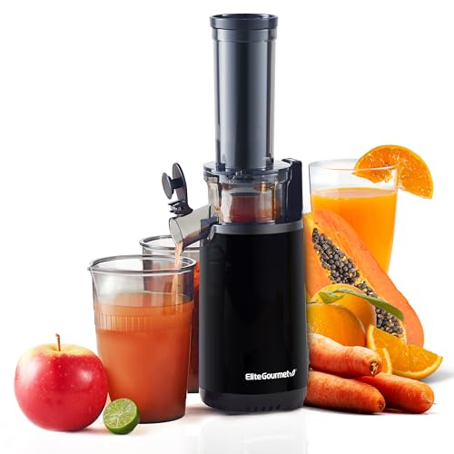 Elite Gourmet EJX600 Compact Small Space-Saving Masticating Slow Juicer, Cold Press Juice Extractor, Nutrient and Vitamin Dense, BPA-Free Tritan, Easy to Clean, 16 oz Juice Cup, Charcoal Grey