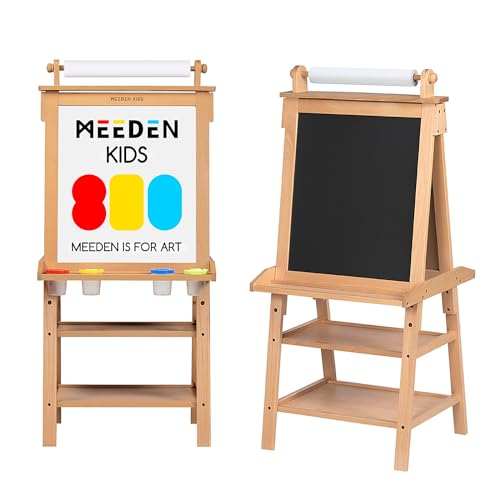 MEEDEN Easel for Kids, Art Easel, Kids Easel, Toddler Easel, Solid Pine Wood Kids Art Easel, Toddler Drawing Board, Chalkboard and Magnetic White Board for Kids - Natural