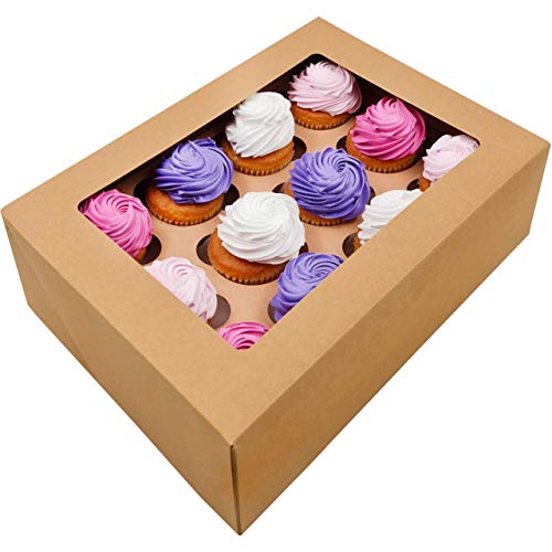 BAKELUV Brown Cupcake Boxes with Window | 13x9.5x4” | 50 Pack Carrier Containers + 50 Cupcake Holder | 12 Cupcake/Muffin Capacity per Box