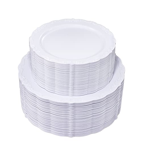 U-QE 100 Pieces White Disposable Plates - Premium Hard Plastic Plates for Wedding and Party Use Including 50 Dinner 10.25 