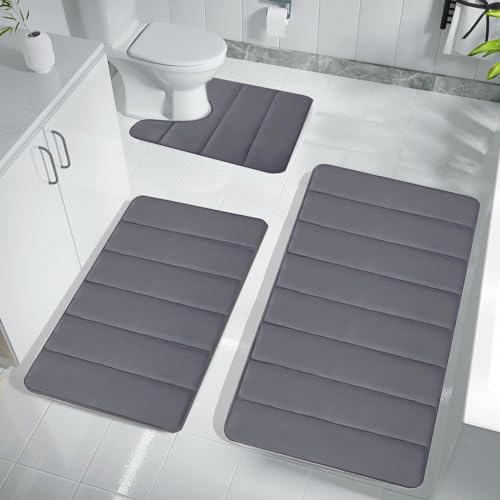 3 Pcs Memory Foam Bath Mat Set - Bathroom Rugs Toilet Mats, Soft Comfortable, New Water Absorption, Non-Slip, Thick, Machine Washable, Easier to Dry, Dark (Dark Gray)