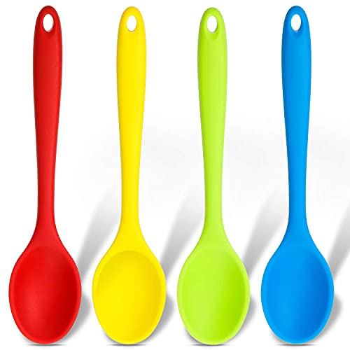 Patelai 4 Pieces Small Multicolored Silicone Spoons Nonstick Kitchen Spoon Silicone Serving Spoon Stirring Spoon for Kitchen Cooking Baking Stirring Mixing Tools (Dark Red, Green, Yellow, Blue)