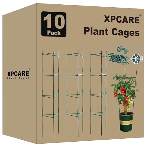 XPCARE 10 Pack Tomato Cages for Garden 62 Inch Plant Cages Plant Support with 120 Vegetable Trellis,80 Clips, Climbing Indoor Plants Moss Poles Individually or Together